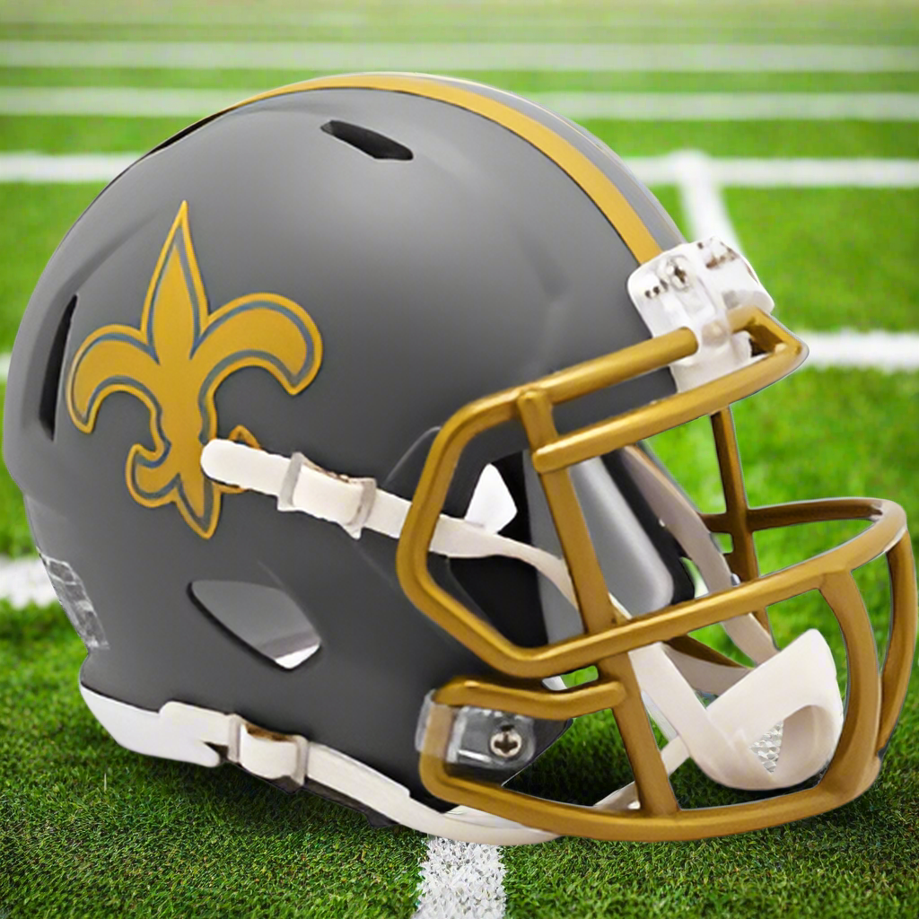 New Orleans Saints 🏈 SLATE Alternate Riddell Speed Mini Football Helmet – Matte Gray & Gold Edition