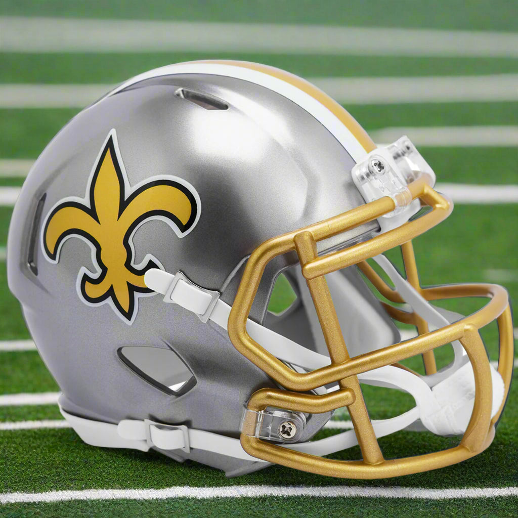 New Orleans Saints ⚡FLASH Alternate Riddell Speed Mini Football Helmet – Bright Silver & Gold Edition
